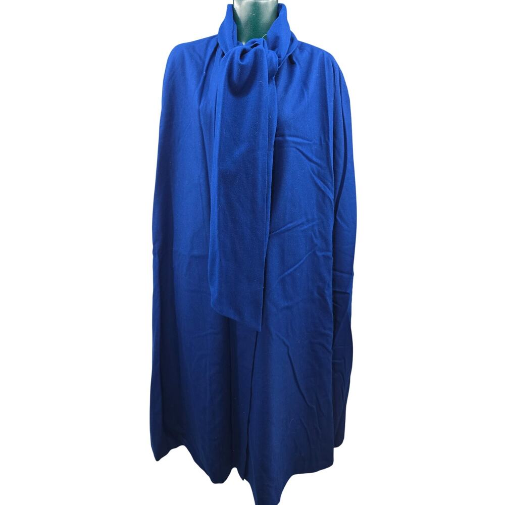 Vtg 60s Wellington Royal Blue Merino Wool Cape Coat Scarf Tie Neck Whimsigoth OS